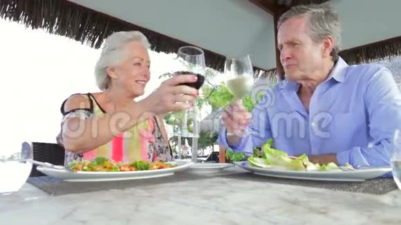 高级夫妇在户外餐厅享用美食视频的预览图