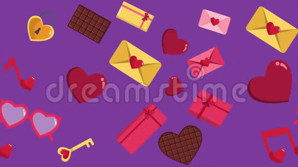 情人节的心巧克力信封和礼品盒动画视频的预览图