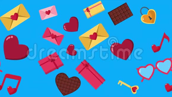 情人节的心巧克力信封和礼品盒动画视频的预览图