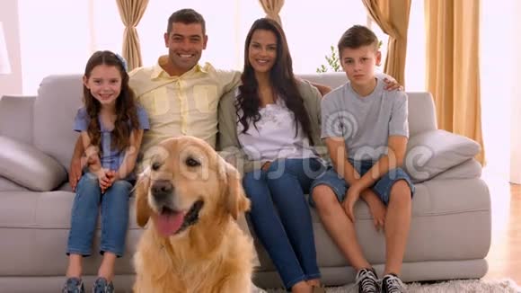 幸福的一家人和金毛猎犬坐在沙发上视频的预览图