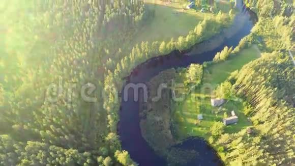 空中镜头秋天的森林和湖泊视频的预览图