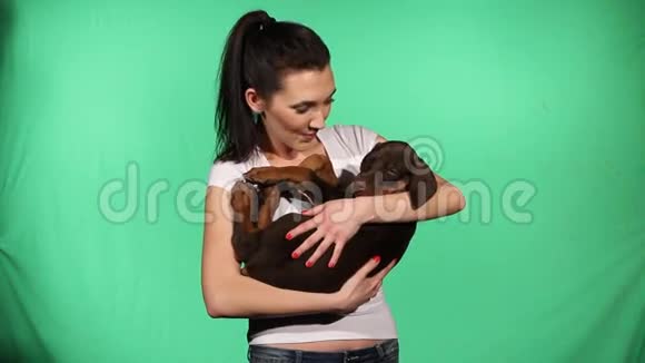 布鲁内特女孩和她的小狗被隔离在白色背景视频的预览图