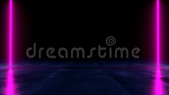 未来派科幻暗空房间与蓝色和紫色霓虹灯发光线管视频的预览图
