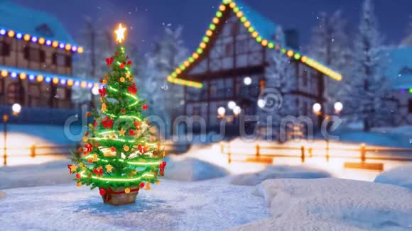 冬夜雪天乡广场上的圣诞树视频的预览图