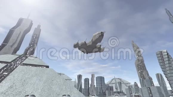 太空飞船飞过一个幻想的城市视频的预览图