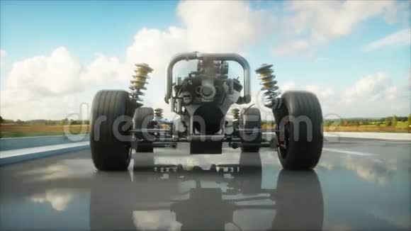高速公路上带有发动机的汽车底盘开得很快汽车概念现实的4k动画视频的预览图