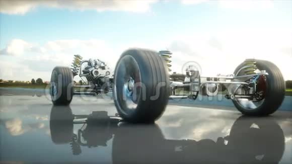 高速公路上带有发动机的汽车底盘开得很快汽车概念现实的4k动画视频的预览图