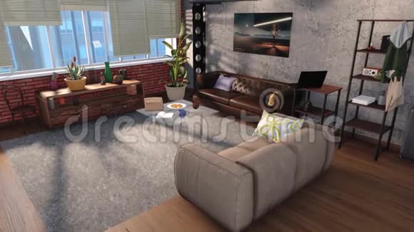 阁楼公寓3D现代化客厅内部视频的预览图