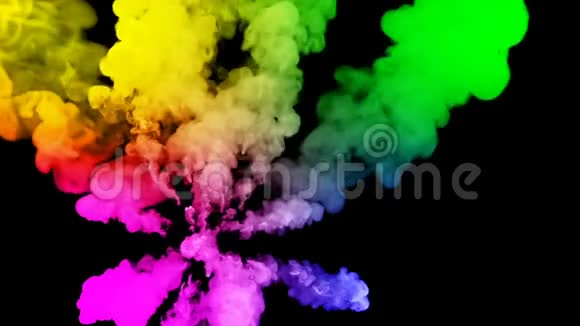 从黑色背景上分离出来的颜料和漂亮的小径上的烟花彩色粉末或墨水的爆炸多汁的创意视频的预览图