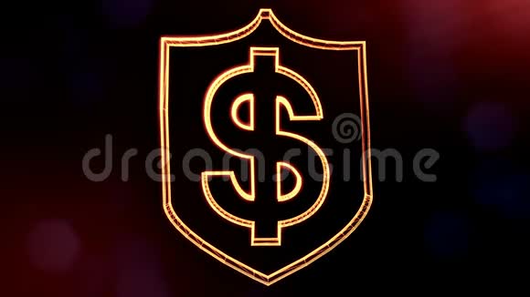 盾徽上的美元标志发光粒子的金融背景3D无缝动画与景深视频的预览图