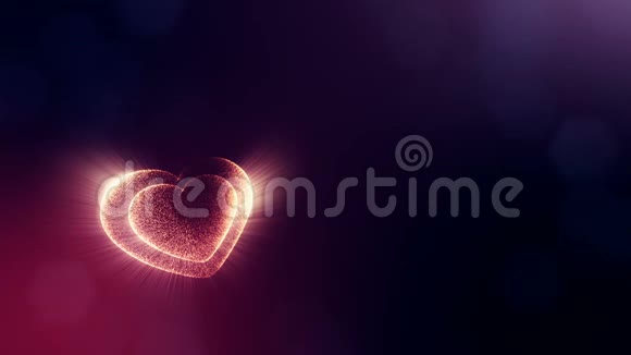 辉光粒子的循环三维动画形成三维红心具有景深和暗背景下的bokeh用途视频的预览图