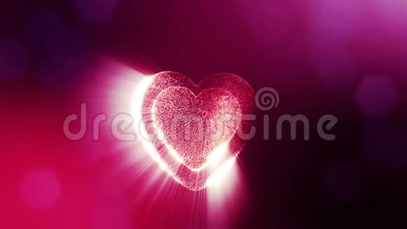 辉光粒子的三维动画形成了三维红心具有景深和波克情人节或婚礼视频的预览图