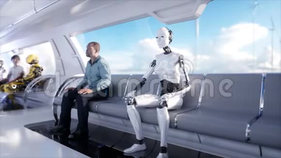 人和机器人未来派单轨运输未来的概念逼真的4K动画视频的预览图