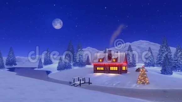 在下雪的圣诞夜照明的房子视频的预览图