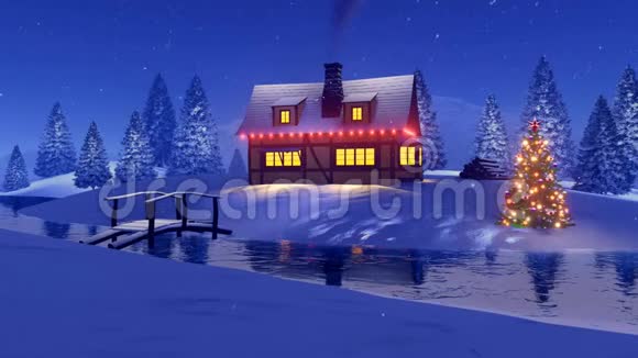 晚上装饰圣诞节的乡村房子视频的预览图