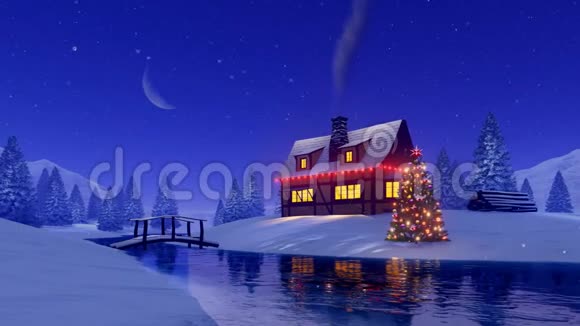 房子和冷杉树在晚上装饰圣诞节视频的预览图
