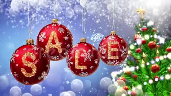 销售横幅红色圣诞球与圆形雪花在博克背景4K视频的预览图