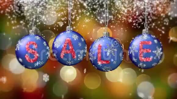 销售横幅蓝色圣诞球与圆形雪花在金色的背景4K视频的预览图