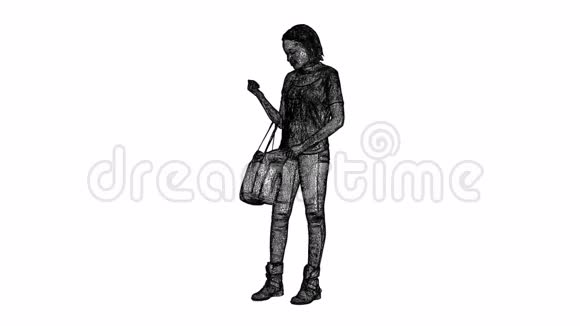 一个女人她弯曲的手上有一个袋子白色背景上黑色三角形网格的插图视频的预览图