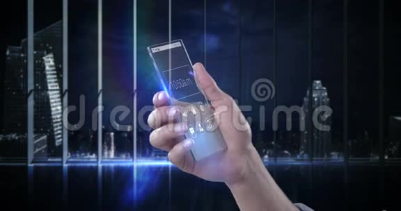 手持未来手机与数字生成背景视频的预览图