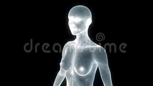 女性人体线框全息图像的运动不错的三维渲染视频的预览图