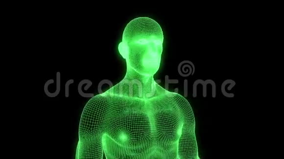 男性人体三维线架全息图在运动中不错的三维渲染视频的预览图