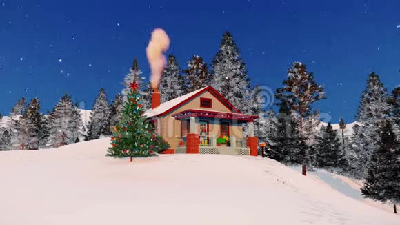 舒适的房子和装饰的圣诞树视频的预览图