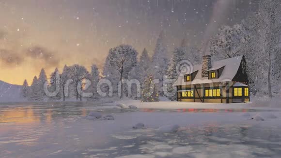照明的乡村房子和圣诞树视频的预览图