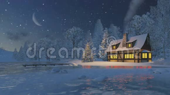 照明的乡村房子和圣诞树视频的预览图