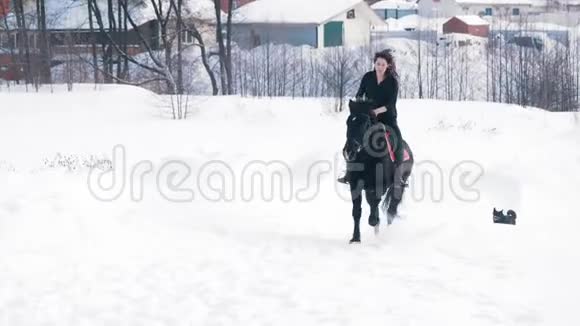 迷人的长发女骑手骑着一匹黑色的马穿过冬天的田野狗在附近奔跑视频的预览图