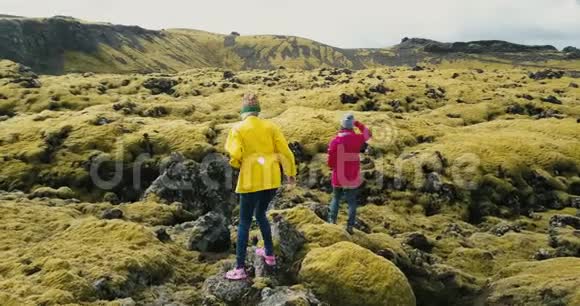 冰岛两名妇女在熔岩上行走的鸟瞰图游客在草地上探索苔藓徒步旅行视频的预览图