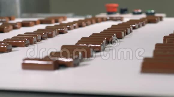 巧克力糖果正沿着糖果厂的传送带移动视频的预览图