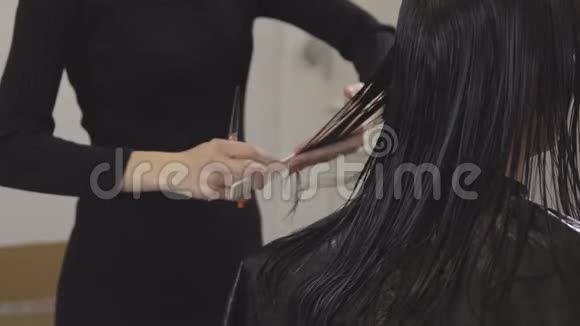 理发师时装设计师在美容院剪发给一位年轻女子视频的预览图