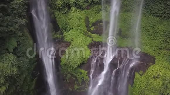 令人惊叹的空中测量奇妙的野生热带雨林与高和满流瀑布视频的预览图