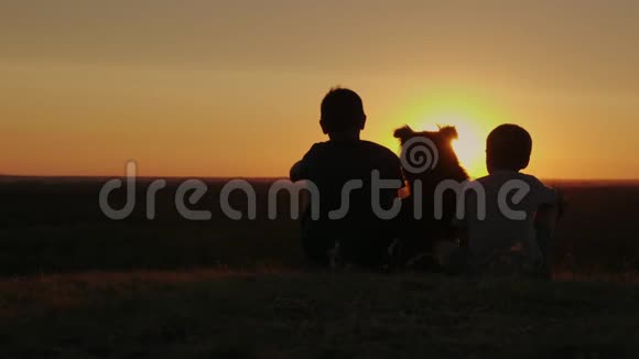 两个男孩带着一只狗期待地平线太阳落山后景复印空间组成视频的预览图