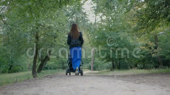 在森林里慢动作走路年轻妈妈带着婴儿车视频的预览图