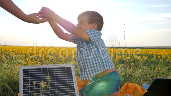 孩子用向日葵在背景地喝水父母的手在露天给玻璃儿子孩子坐在附近视频的预览图