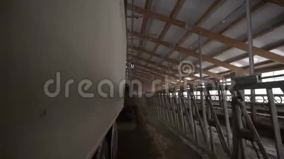 农场饲料机的特写录像饲料卡车在谷仓卸下牲畜饲料农业和牲畜护理视频的预览图