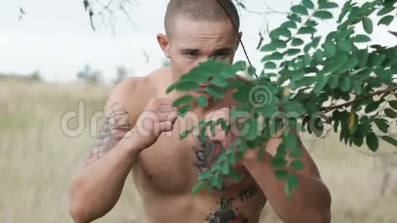 特写自由战士在树枝上练习踢自然慢慢地视频的预览图