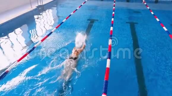 一名游泳运动员在游泳池中的空中射击视频的预览图