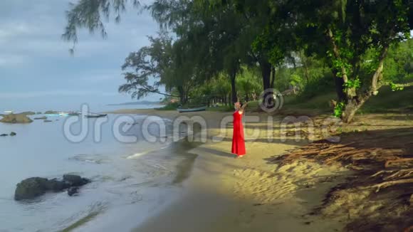 那个女人沿着水在海滩上散步与自然的隐私热带岛屿上的女人视频的预览图