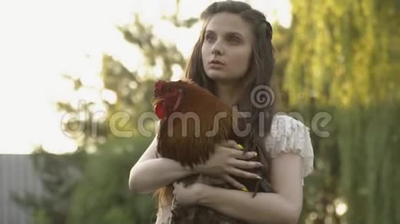 可爱的黑发女郎带着怅然的目光注视着公鸡拥抱着公鸡快乐的芦丁生活视频的预览图