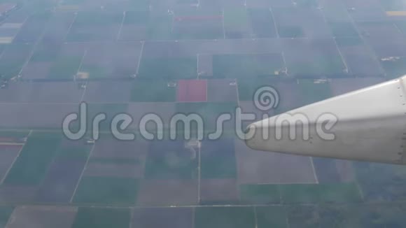 飞机飞过荷兰五彩郁金香美丽的田野从舷窗俯瞰飞机机翼视频的预览图