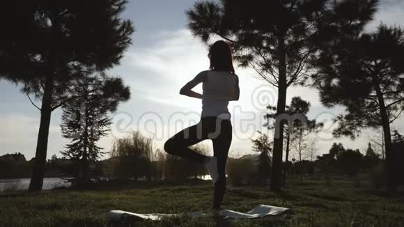 年轻迷人的女孩在公园里做运动躺在瑜伽垫上伸展身体健康的积极观念视频的预览图
