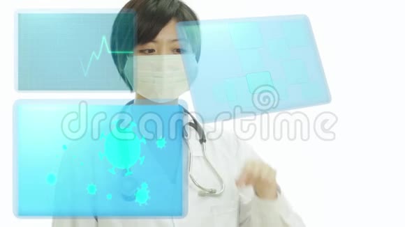女性医生使用带有ekg和冠状病毒细胞的虚拟屏幕视频的预览图