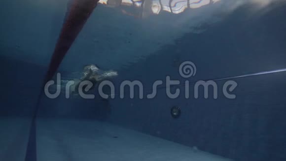 女子游泳运动员漂浮蝶泳在蓝水池水下观看视频的预览图