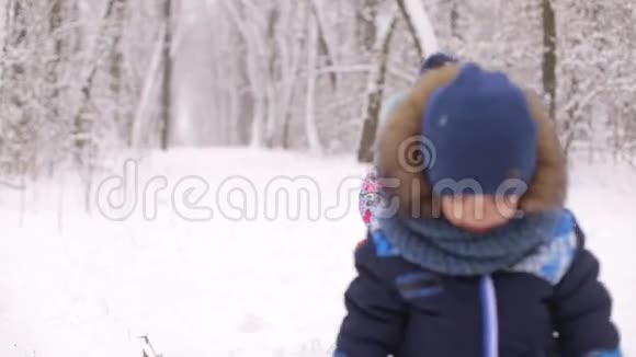 两个小朋友在冬季公园玩雪视频的预览图