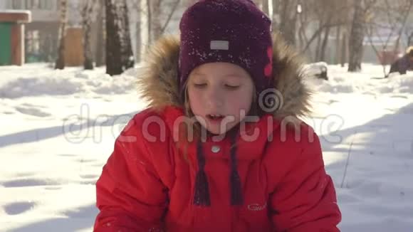 快乐的孩子在冬天的雪地里玩耍穿着暖和的衣服在冬天的公园里散步和玩耍的小女孩视频的预览图