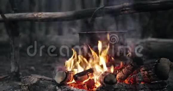 老复古营地索塞潘煮水汤准备在森林火灾夏季晚上火焰篝火视频的预览图
