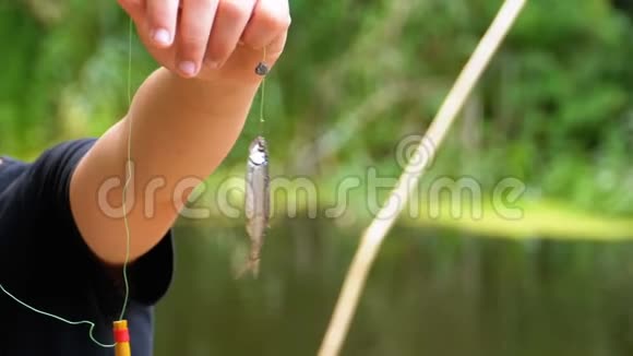抓住了悬挂在钓鱼线上的钩子上的鱼钩捕鱼慢动作视频的预览图